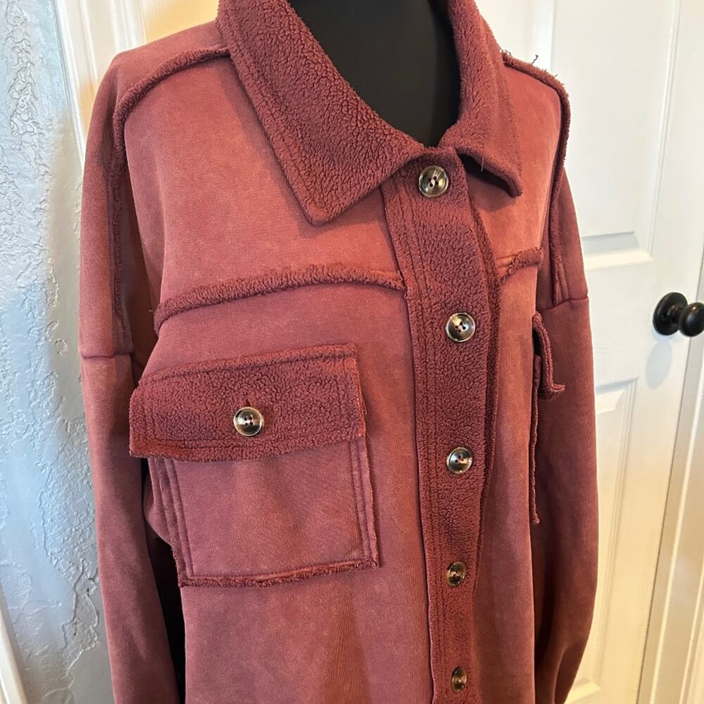 Easel Marsala Rust Mineral Wash Raw Edge Terry Shacket L - Picture 2 of 8
